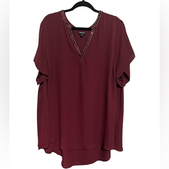 Torrid Georgette Embellished Neck Hi-Low Short Sleeve Blouse - Picture 6 of 9